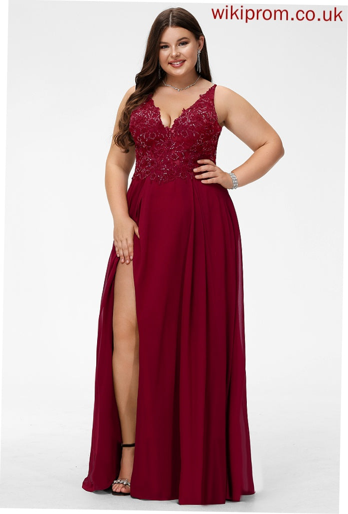 Prom Dresses A-Line With Kyla Floor-Length V-neck Sequins Chiffon Lace