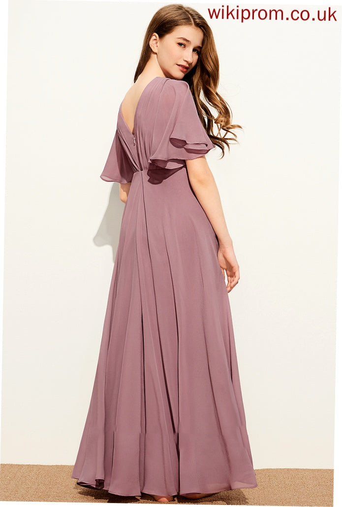 A-Line Ruffle With Chiffon Floor-Length V-neck Junior Bridesmaid Dresses Kara