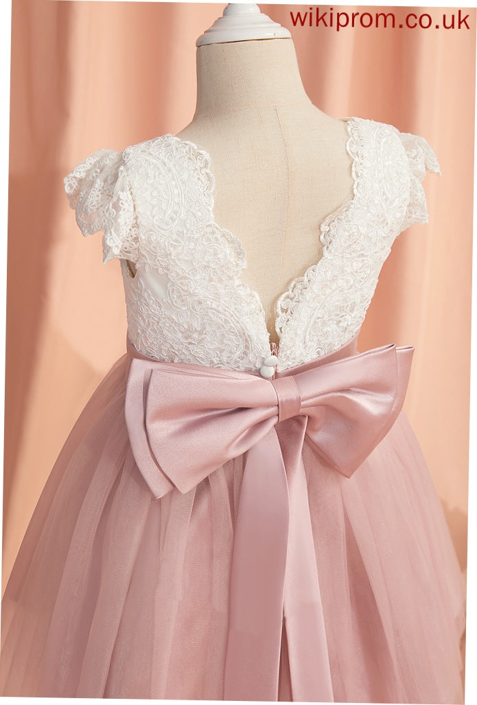 Short Flower Girl Dresses Knee-length Neck Lace/Bow(s) Tulle Flower A-Line - Mareli With Scoop Sleeves Girl Dress