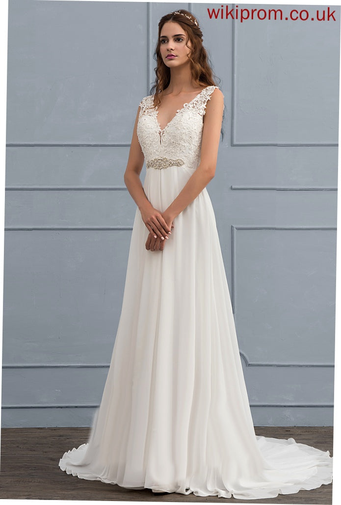 Beading Sequins Train Lace A-Line Court Dress Wedding Anabella V-neck Chiffon Wedding Dresses With