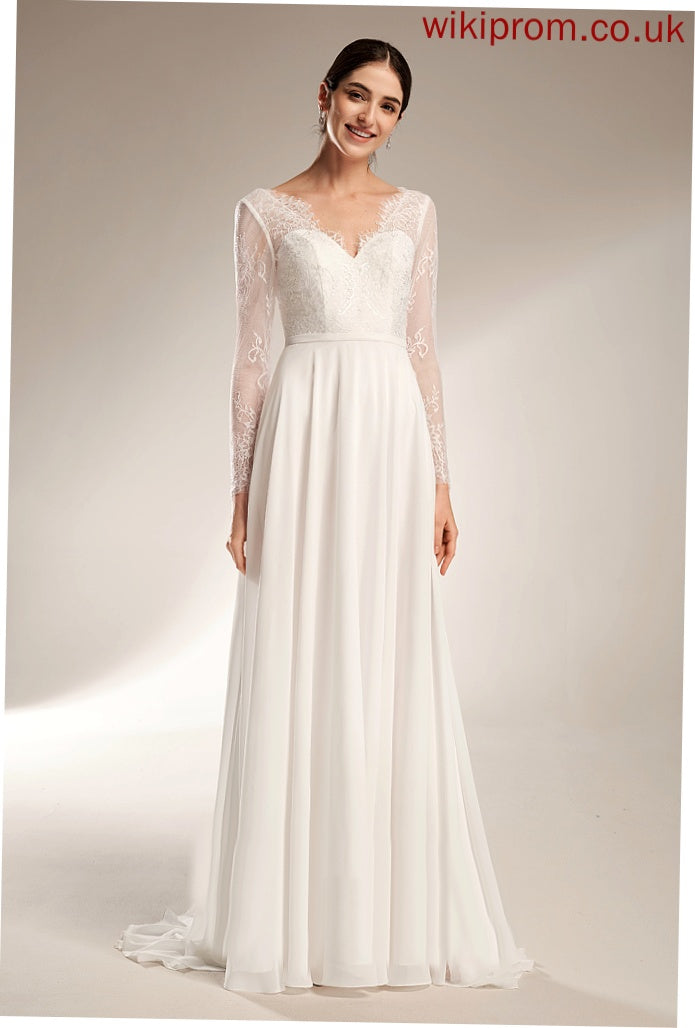 Wedding Wedding Dresses Sweep V-neck Marianna Chiffon Dress Lace A-Line Train