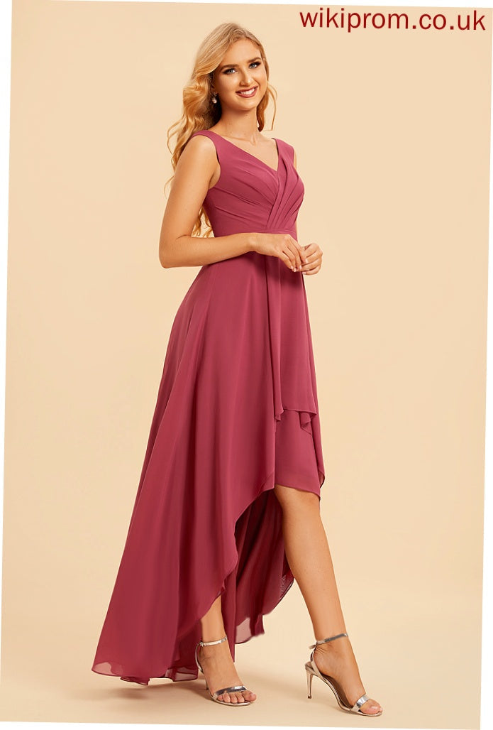 A-Line V-neck Length Fabric Silhouette Asymmetrical Embellishment Ruffle Neckline Kendal Natural Waist Spandex Bridesmaid Dresses