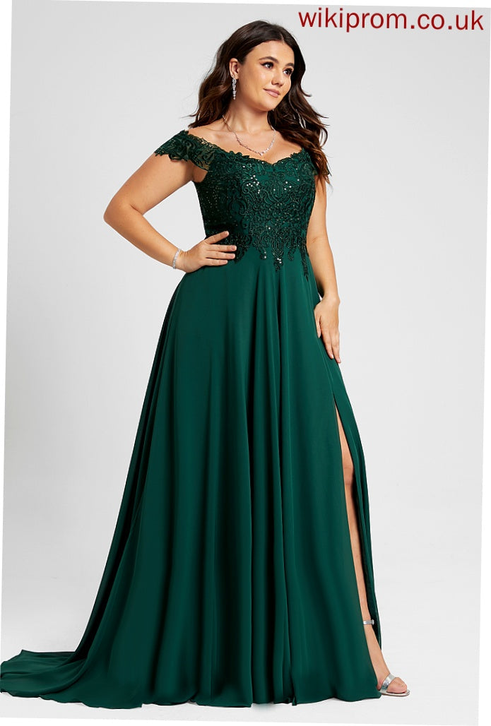 Chiffon Melina Train Sequins Lace Sweep Prom Dresses A-Line With Off-the-Shoulder