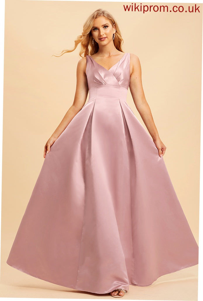 Fabric Satin V-neck Straps A-Line Neckline Silhouette Length Floor-Length Cecelia Sleeveless A-Line/Princess Bridesmaid Dresses