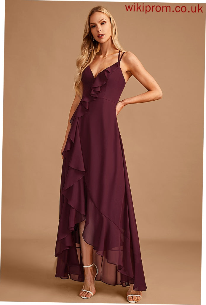 V-neck A-Line Embellishment Length Silhouette SplitFront Neckline Fabric Ruffle Asymmetrical Lorna Bridesmaid Dresses