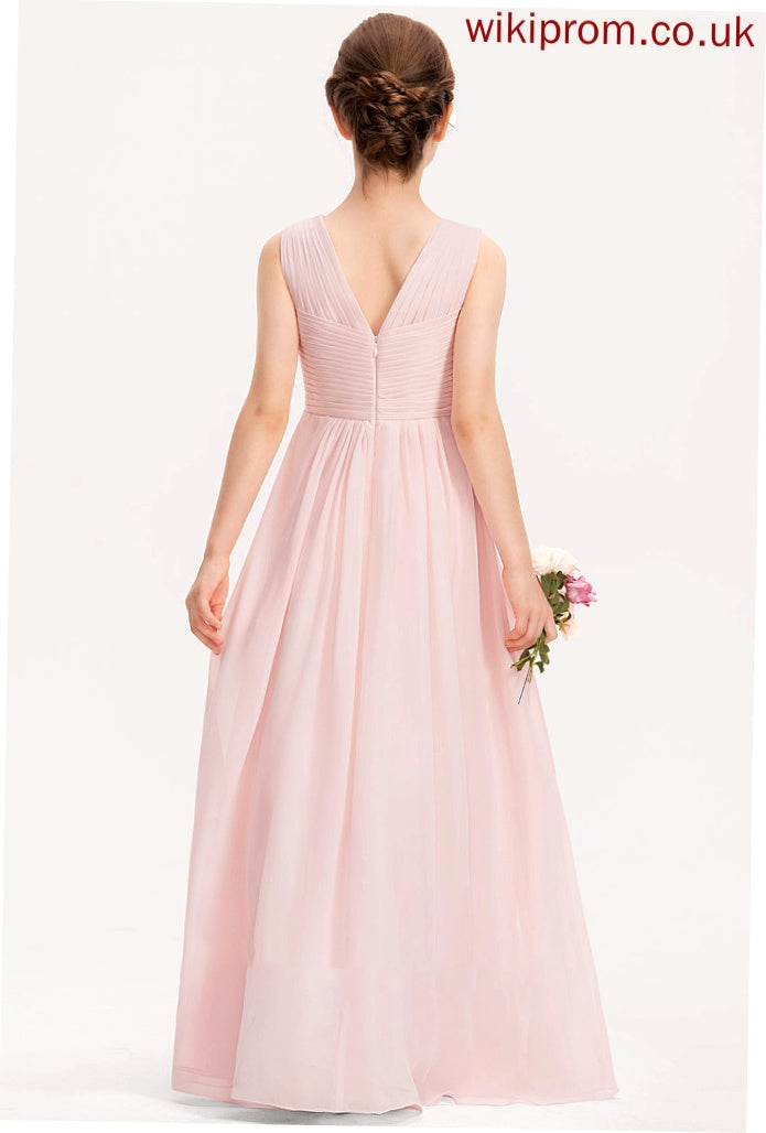 Chiffon V-neck Floor-Length Ruffle A-Line Junior Bridesmaid Dresses Rachel With