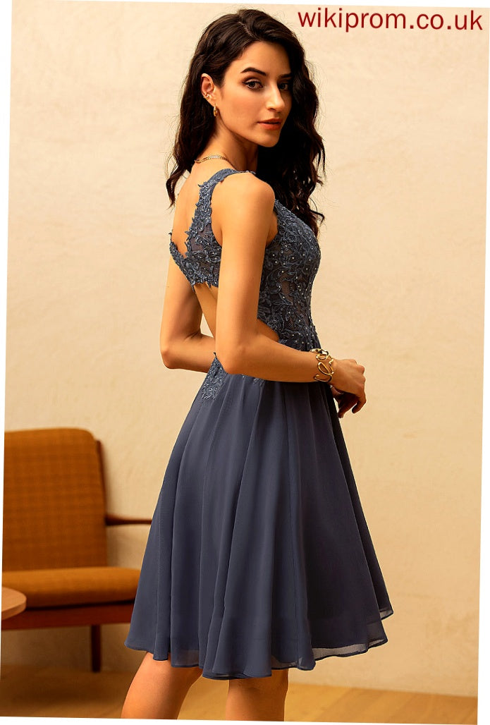 Chiffon Homecoming Dresses Lauretta Dress With Lace A-Line Knee-Length Homecoming Beading V-neck