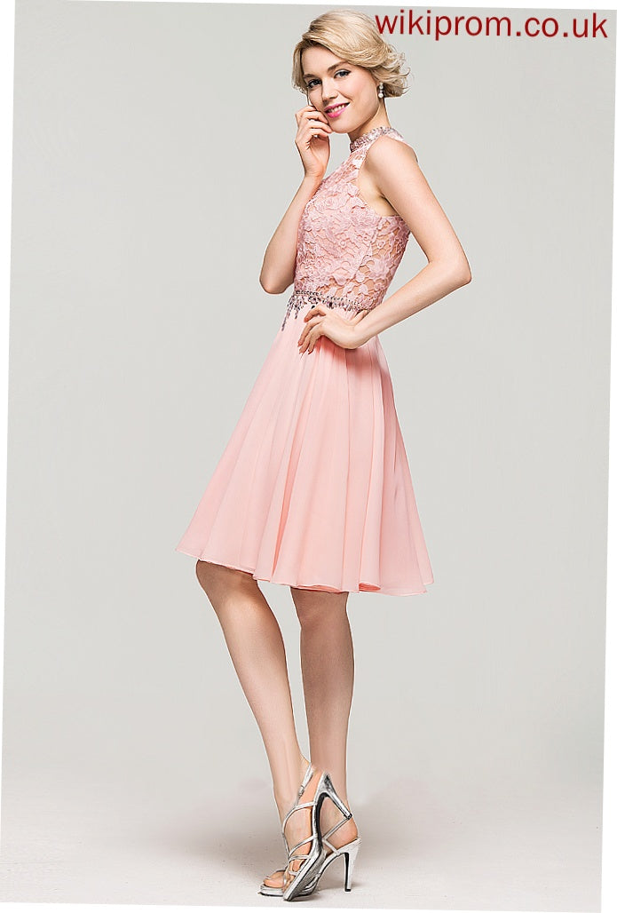 A-Line Homecoming With Sequins Chiffon Neck Dress Knee-Length Kelly Lace Homecoming Dresses Beading High