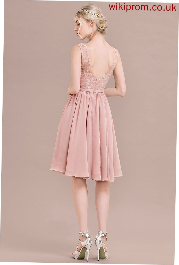 Lace Chiffon A-Line Yadira Homecoming Knee-Length Bow(s) Dress Lace V-neck Homecoming Dresses With