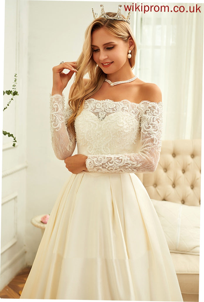 With Beading Off-the-Shoulder Wedding Dresses Dress Lace Satin Ball-Gown/Princess Wedding Sweep Elaina Sequins Train