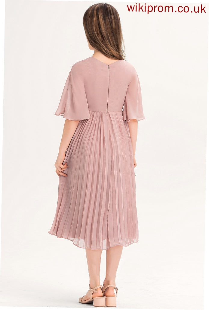 Pleated Knee-Length With Junior Bridesmaid Dresses Scoop A-Line Bow(s) Chiffon Aisha Neck