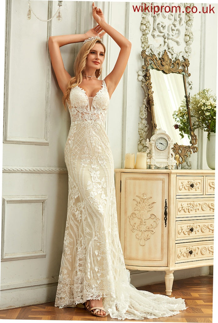 V-neck Trumpet/Mermaid Wedding Chapel Lace Geraldine Tulle Wedding Dresses Train Dress