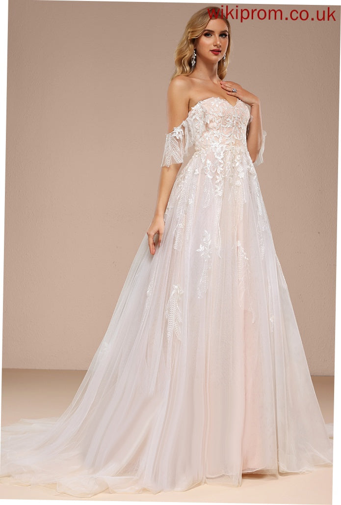 Dress Tulle Off-the-Shoulder Ball-Gown/Princess Erika Sequins Train Ruffle Lace Wedding Sweetheart Wedding Dresses With Court