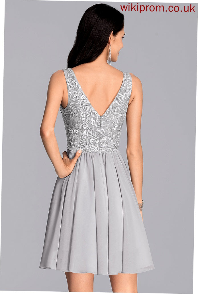 Evie Chiffon Homecoming Dresses Homecoming With Sequins Short/Mini Dress V-neck A-Line Lace