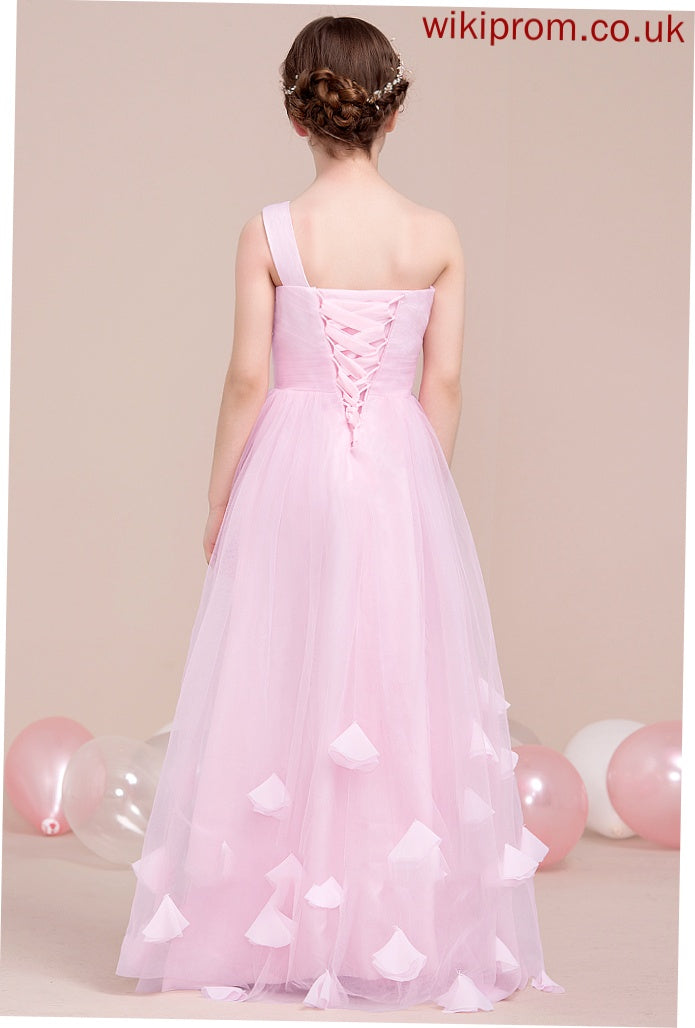 Tulle One-Shoulder Floor-Length A-Line Junior Bridesmaid Dresses With Ruffle Athena Flower(s)