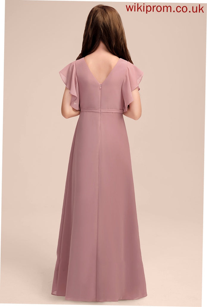 Cascading A-Line Chiffon V-neck Floor-Length Junior Bridesmaid Dresses With Mareli Ruffles