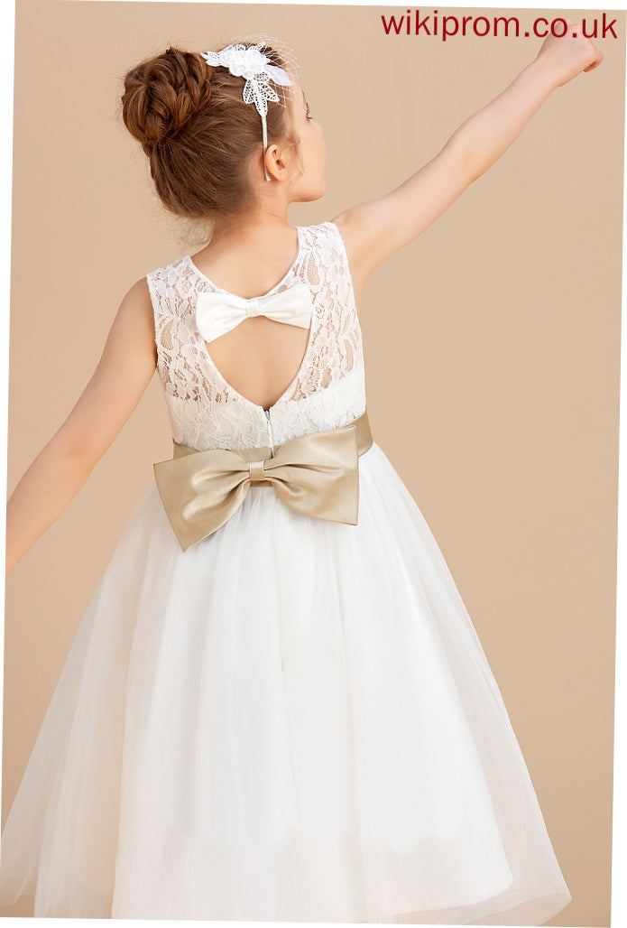 Dress - Sash/Bow(s)/Back Flower Neck Tulle/Lace Flower Girl Dresses Hole A-Line/Princess Viv With Sleeveless Tea-length Girl Scoop