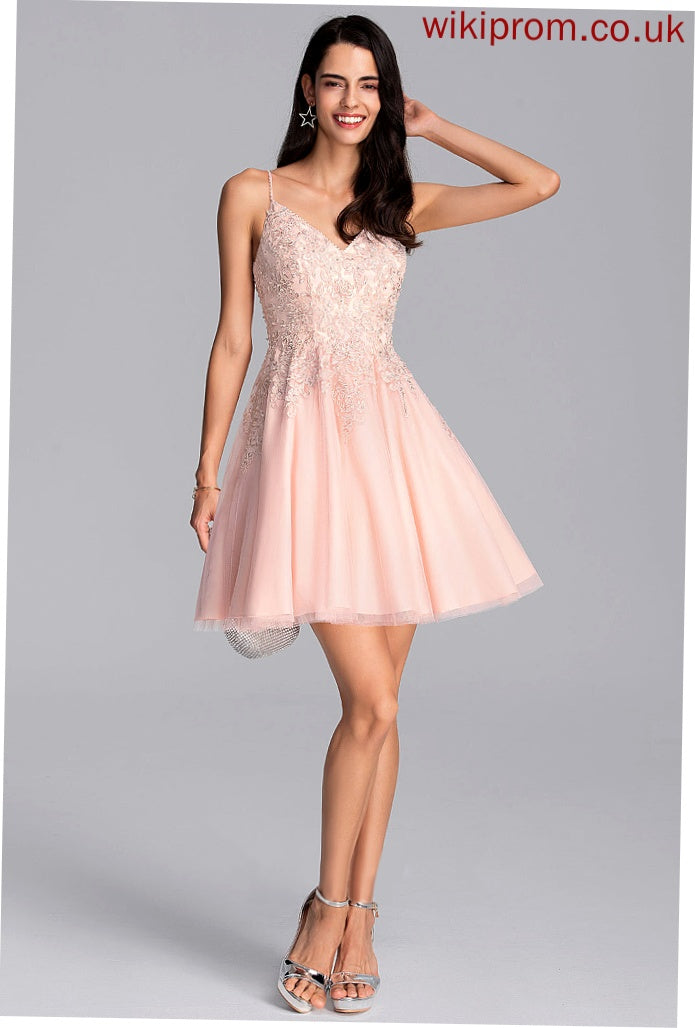 Dress With A-Line Homecoming Simone V-neck Beading Homecoming Dresses Lace Short/Mini Tulle