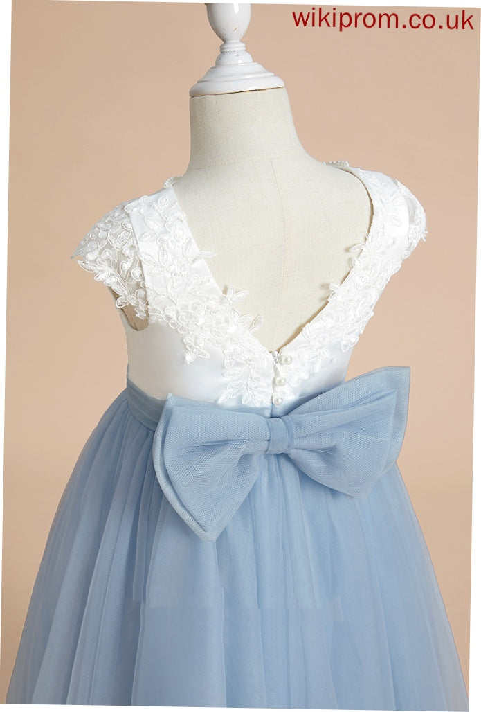 Neck Tea-length A-Line Elva Satin/Tulle Dress Sleeveless Girl - Scoop Flower Flower Girl Dresses With Lace/Bow(s)