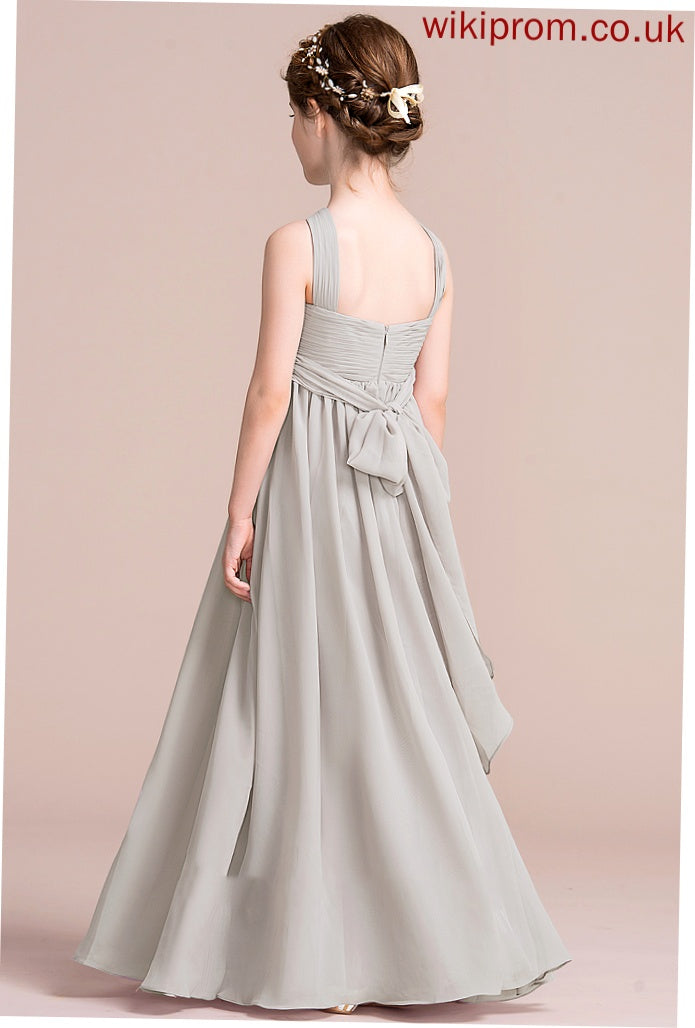 Ruffle Junior Bridesmaid Dresses A-Line Bow(s) Hailee Floor-Length With V-neck Chiffon