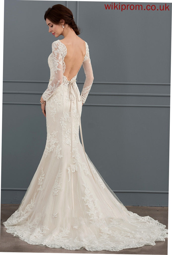 With Court Train Lace Anaya Trumpet/Mermaid Tulle Dress V-neck Wedding Dresses Wedding Beading