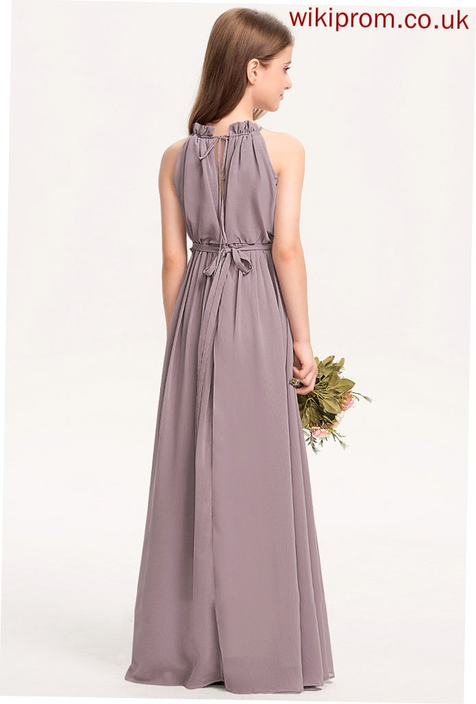 A-Line Cascading Junior Bridesmaid Dresses Bow(s) Floor-Length Ruffles Neck Mya With Chiffon High