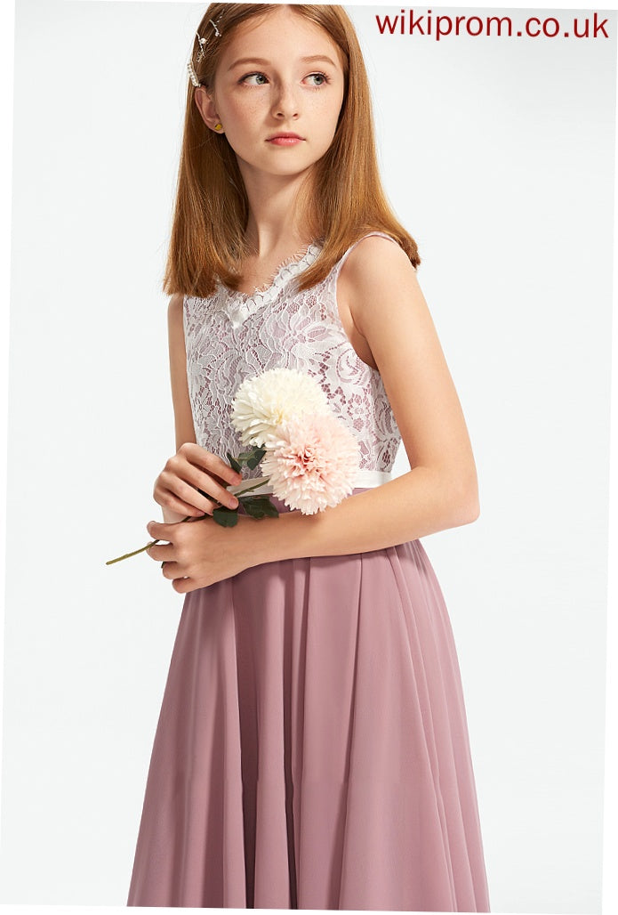 Junior Bridesmaid Dresses V-neck Chiffon A-Line Floor-Length Lace Ava