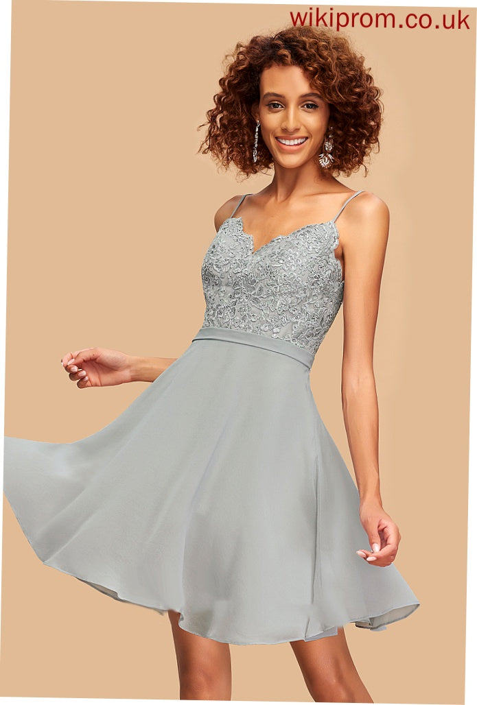 Homecoming V-neck Homecoming Dresses Chiffon Beading Dress Short/Mini A-Line With Lace Kitty