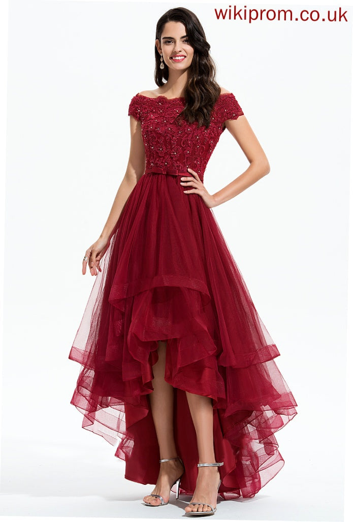 Asymmetrical Beading A-Line Bow(s) Rylie Homecoming Dresses Dress Homecoming Off-the-Shoulder With Lace Tulle