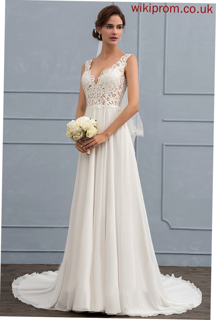 A-Line Emelia Chiffon Dress Court Wedding Dresses Train Wedding Lace V-neck