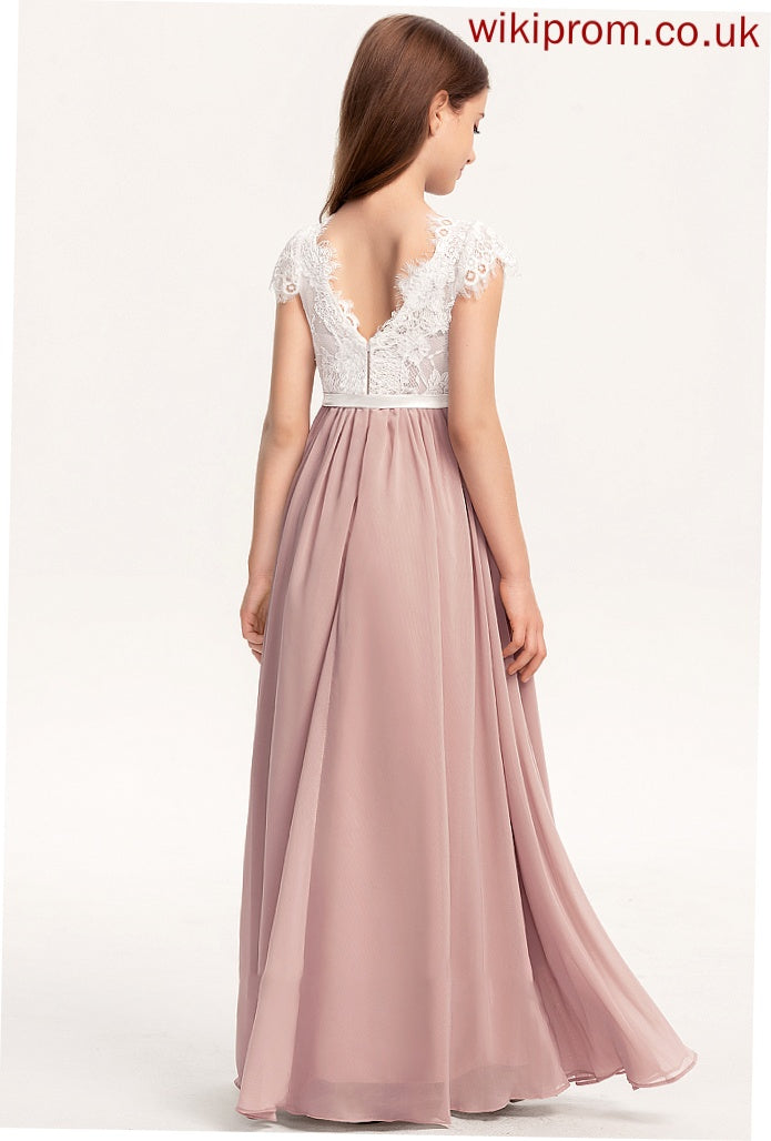 Bow(s) Neck Junior Bridesmaid Dresses A-Line Lace Chiffon Floor-Length Madisyn With Scoop