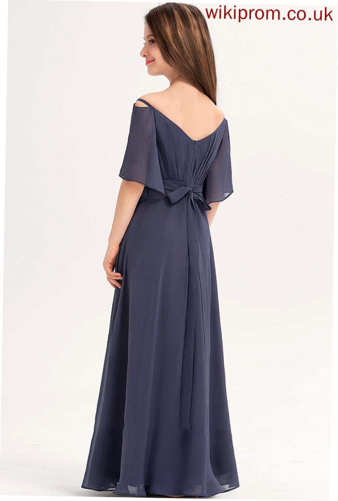 Maci Bow(s) Junior Bridesmaid Dresses Ruffle A-Line Off-the-Shoulder Floor-Length Chiffon With