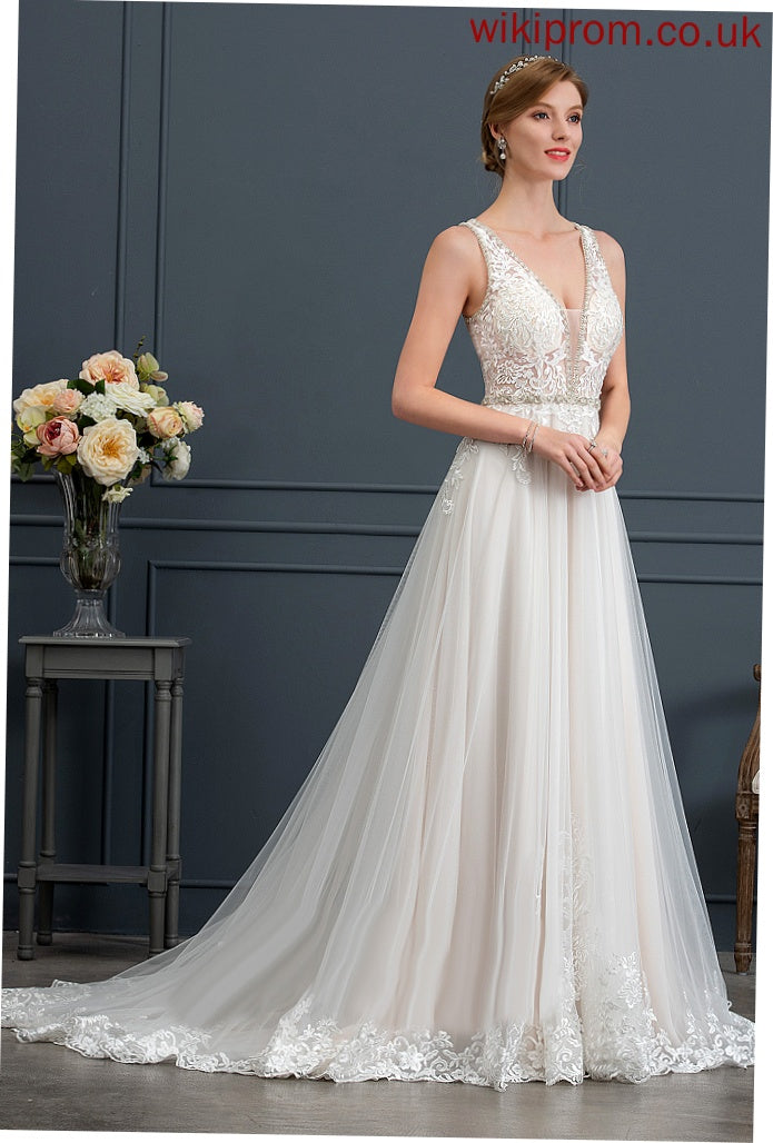 V-neck Court Sequins Dress With Wedding Wedding Dresses Tulle Beading Nora Train Lace Ball-Gown/Princess