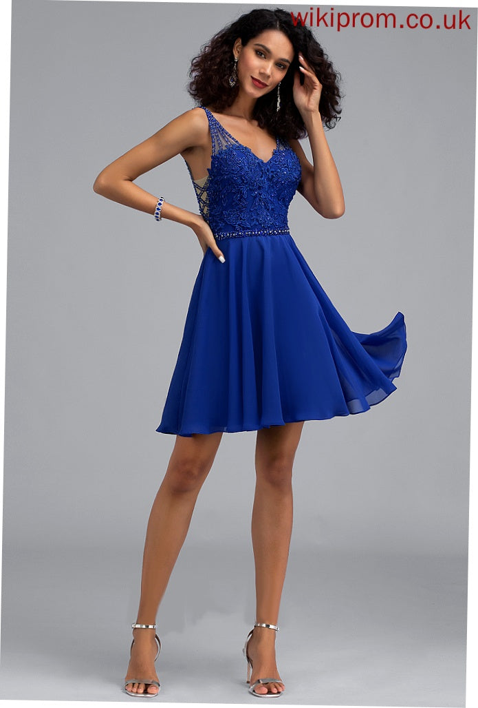 V-neck A-Line Short/Mini Joslyn Chiffon Homecoming Dresses Homecoming Beading Lace With Dress