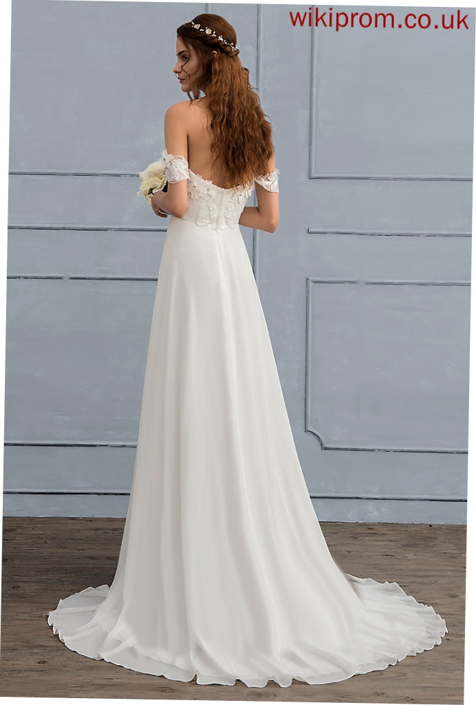 Sweep Chiffon Kierra Beading Dress Flower(s) With Lace Wedding Dresses A-Line Wedding Train Off-the-Shoulder