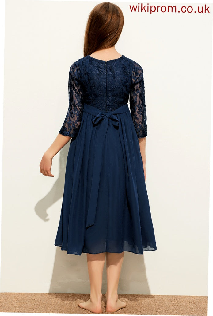 Neck Tea-Length A-Line Lace Chiffon Junior Bridesmaid Dresses Scoop Juliana