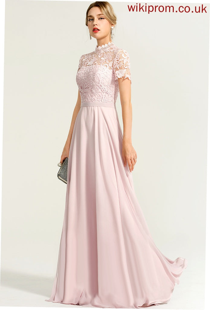 Chiffon Lace Floor-Length Yasmine Prom Dresses Neck High A-Line Illusion