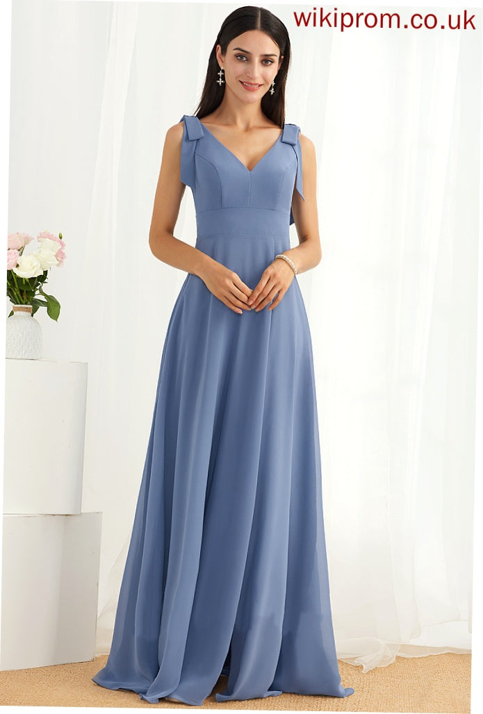 Floor-Length SplitFront A-Line Bow(s) Fabric Length Neckline Silhouette V-neck Embellishment Shayla Sleeveless Bridesmaid Dresses