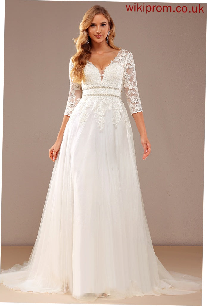 Sequins Ball-Gown/Princess Wedding Lace Dress With Lace Tulle Maureen V-neck Beading Court Train Wedding Dresses