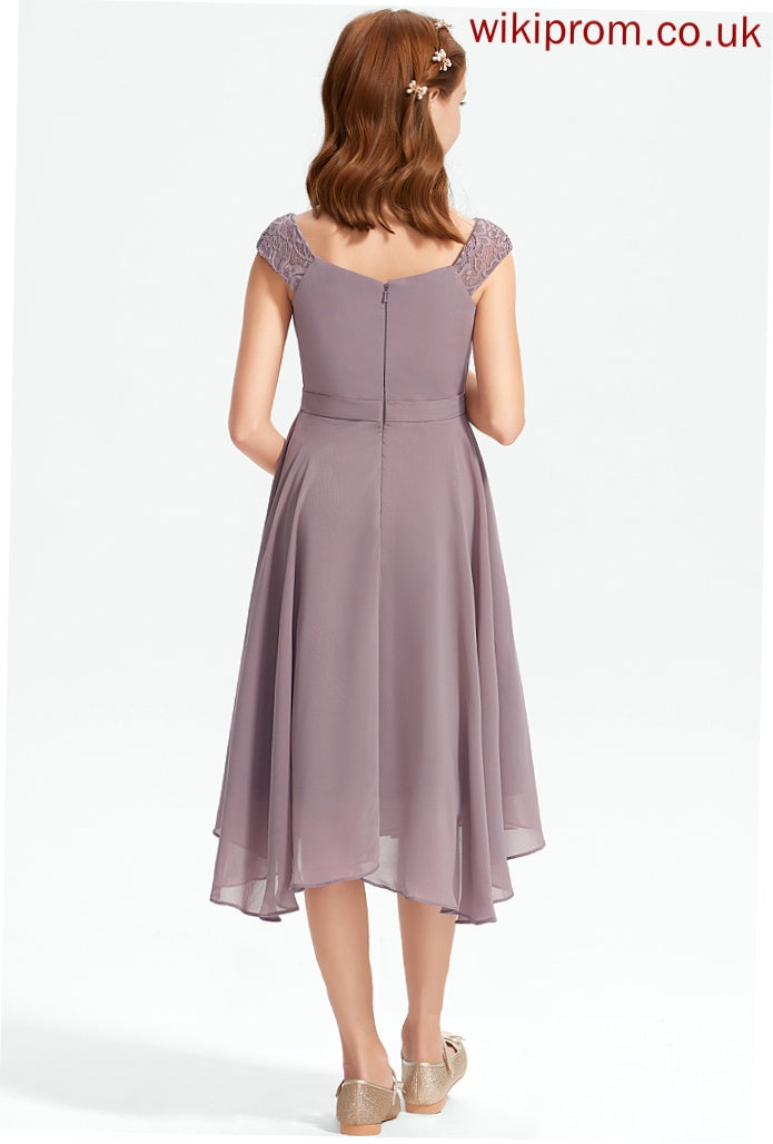 V-neck Knee-Length Junior Bridesmaid Dresses Elliana Lace With A-Line Chiffon Ruffle