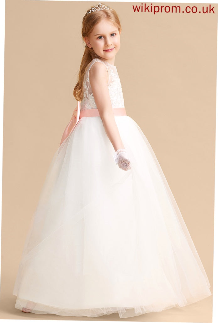 Floor-length Ivy sash) Dress A-Line Sleeveless Flower Satin/Tulle/Lace With Girl (Undetachable Scoop Bow(s) Neck Flower Girl Dresses -