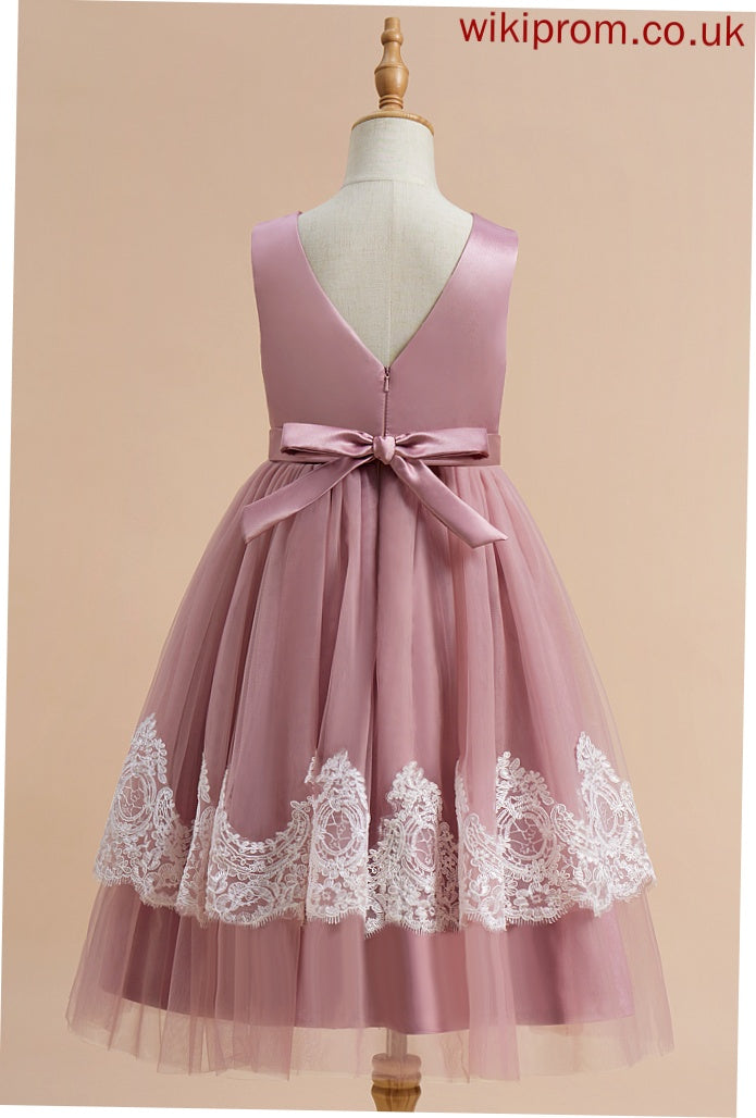 Sleeveless Lace/Flower(s)/Bow(s)/Pleated/V Flower A-Line Girl With Abigail Satin/Tulle Knee-length - Back Flower Girl Dresses V-neck Dress