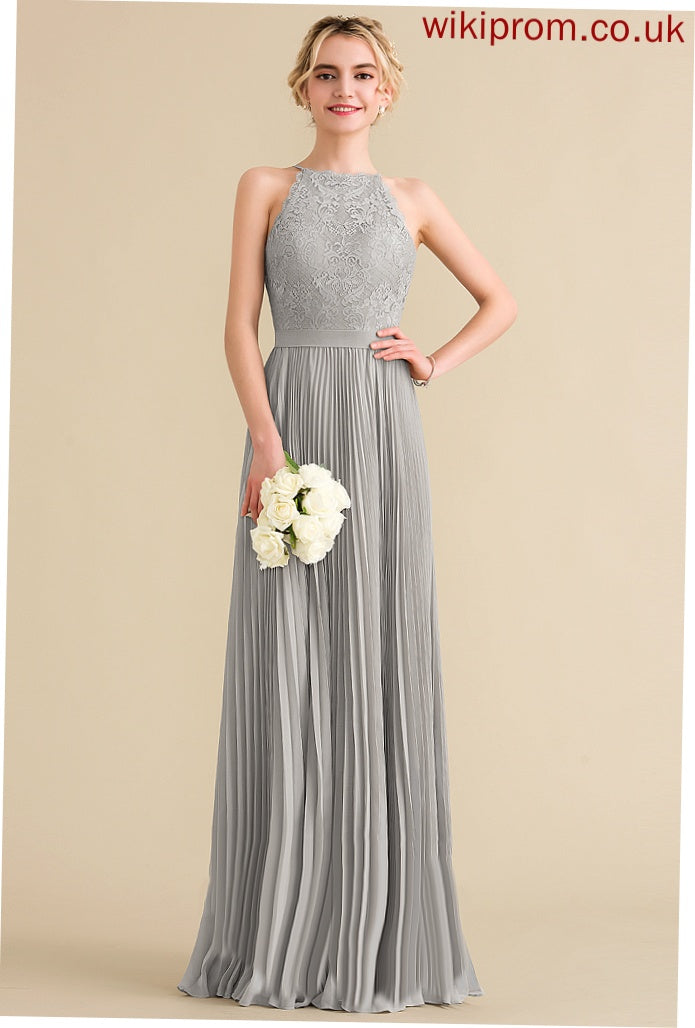 Lace Floor-Length Prom Dresses A-Line Scoop Cecelia Pleated Chiffon With