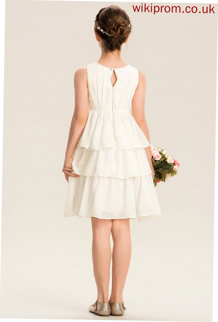 Scoop Junior Bridesmaid Dresses Cascading A-Line Bow(s) Chiffon Ruffles Undine With Knee-Length Neck