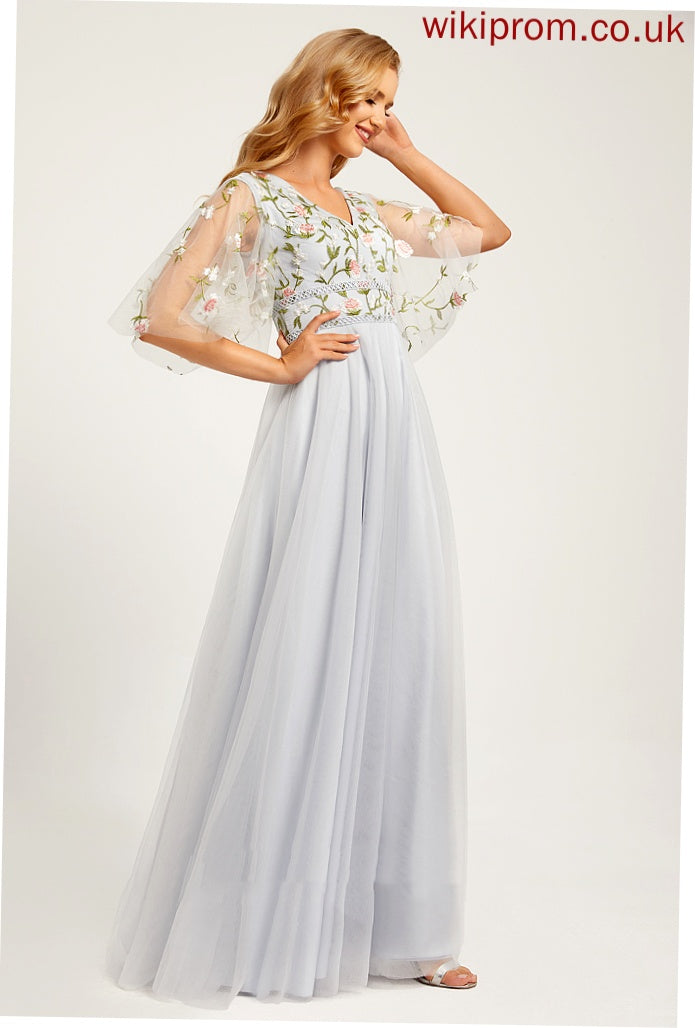 Silhouette Length Fabric Floor-Length Flower(s) Embellishment A-Line Neckline V-neck Rayna Bridesmaid Dresses