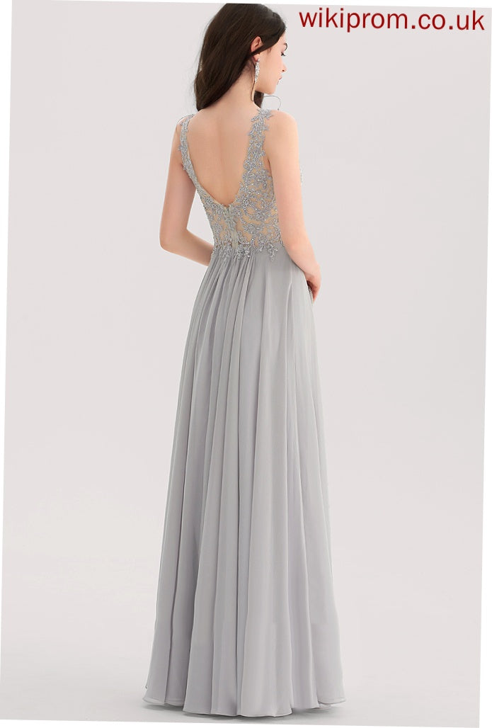 A-Line Rhinestone Abbey V-neck With Lace Chiffon Floor-Length Prom Dresses