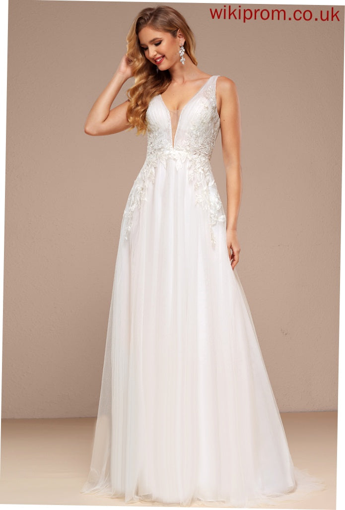 Wedding Dresses Tulle Wedding With Train Dress Sequins Lace A-Line Sweep V-neck Olivia