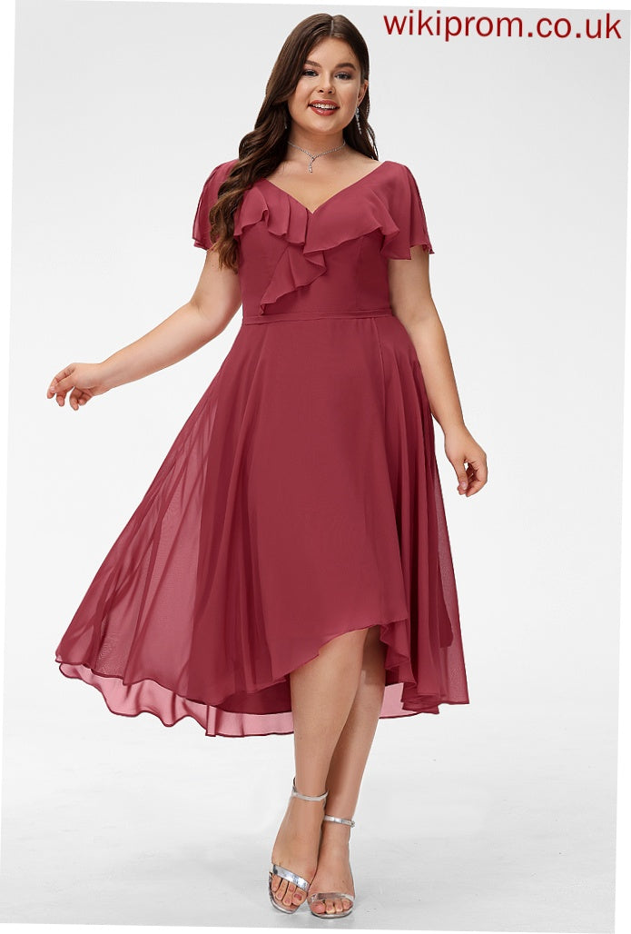 A-Line Prudence Ruffle Asymmetrical Cocktail Chiffon V-neck Dress With Cocktail Dresses