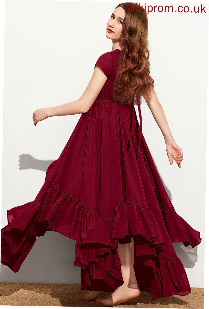 Ruffles Bow(s) Neck A-Line Junior Bridesmaid Dresses Chiffon Lace Floor-Length Appliques With Cascading Camilla Scoop