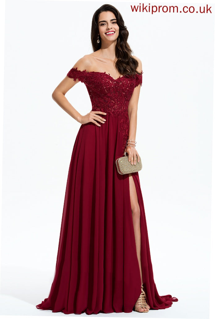 Prom Dresses Sequins Lace With Train Grace Chiffon Off-the-Shoulder A-Line Sweep